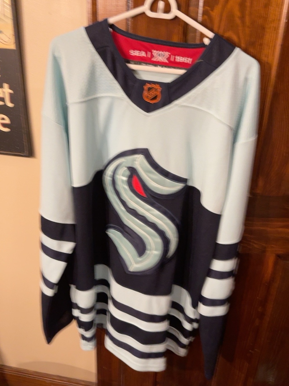 Seattle Kraken adidas Men’s Light Blue & Navy V-Neck Hockey Jersey